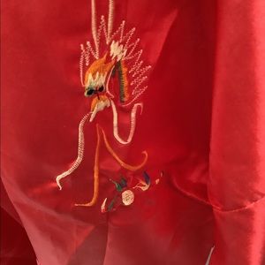 Le Dragon Dore - red polyester full length kimono- one size fits all